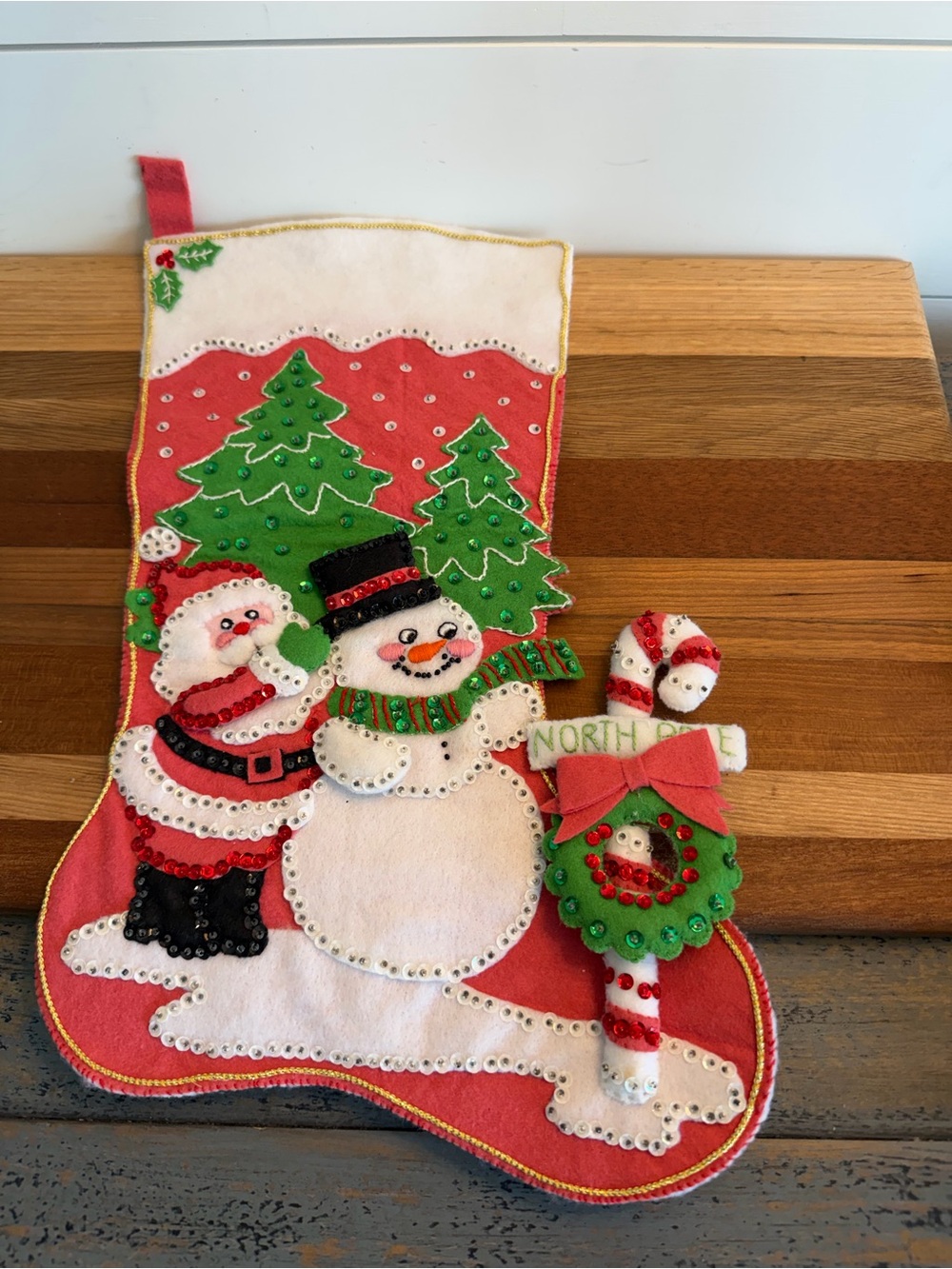 Vintage Handmade Christmas Stocking 1960s Felt Sequins